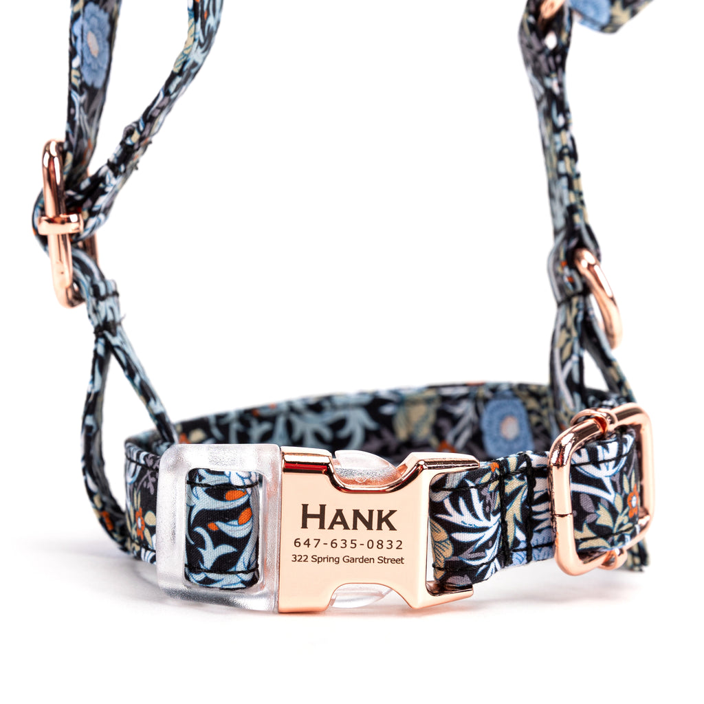 100% Cotton Adjustable No Pull Dog Harness Vintage Floral Black front