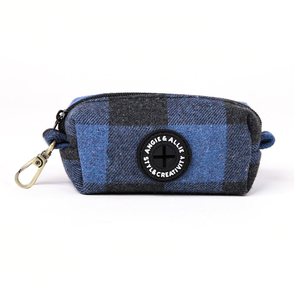 100% Cotton Dog Poop Bag Holder Brass Plaid Blue front