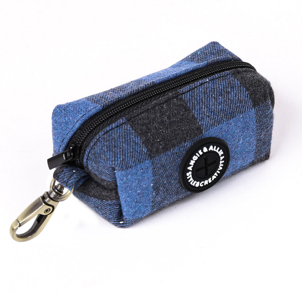 100% Cotton Dog Poop Bag Holder Brass Plaid Blue side