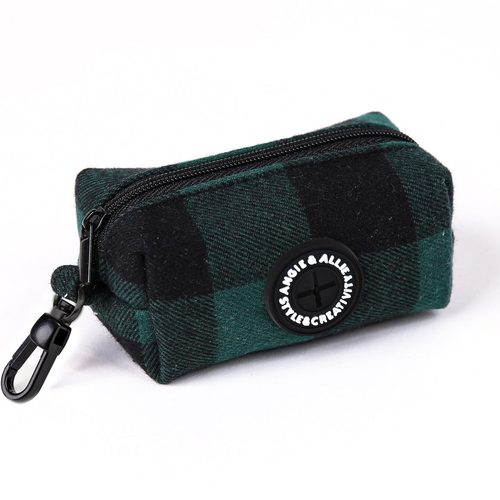 100% Cotton Dog Poop Bag Holder Black Plaid Green side