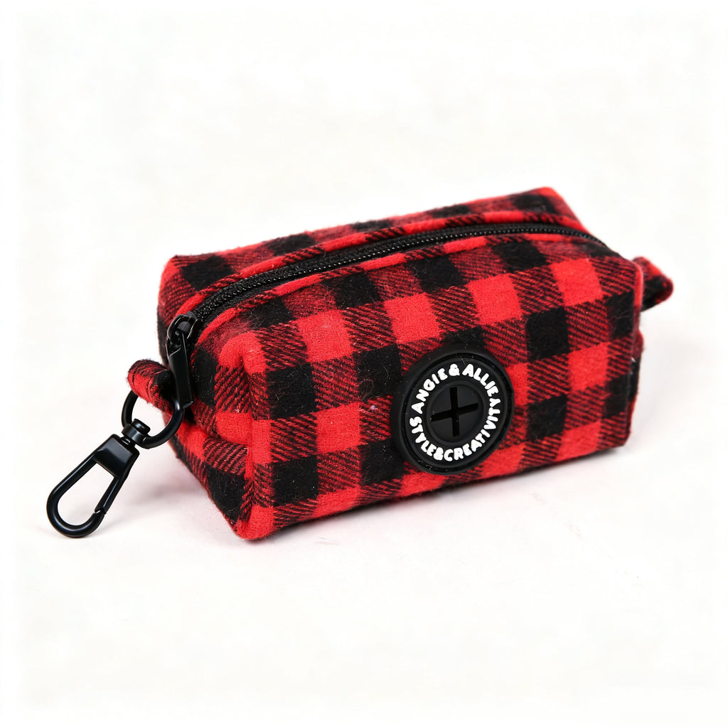 100% Cotton Dog Poop Bag Holder Black  Buffalo Plaid Red side