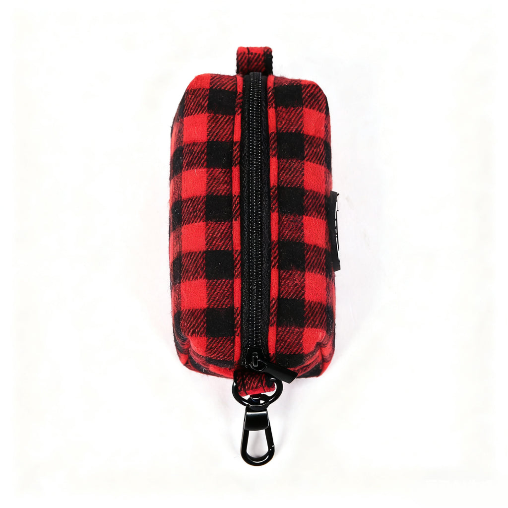 100% Cotton Dog Poop Bag Holder Black  Buffalo Plaid Red top
