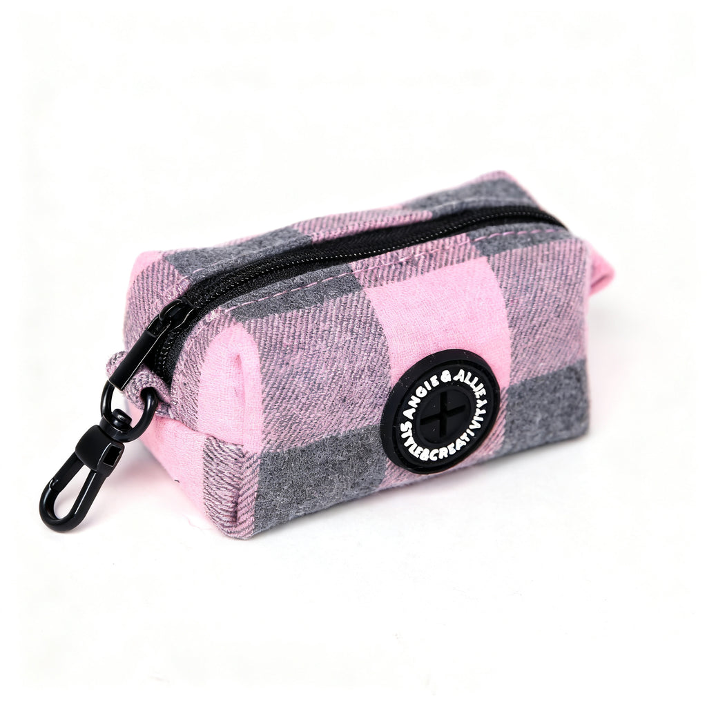 100% Cotton Dog Poop Bag Holder Black Plaid Pink side