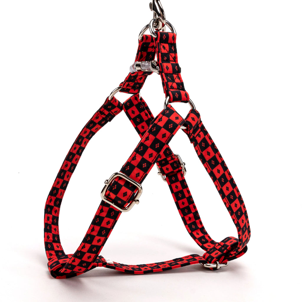 100% Cotton Adjustable Step In Dog Harness Silver Harley Quinn side view