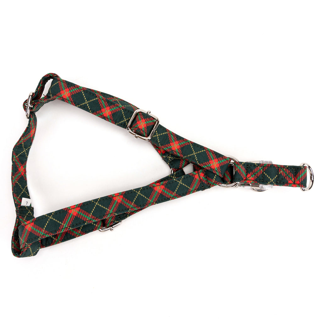 100% Cotton Adjustable Step In Dog Harness Silver Christmas Plaid folded