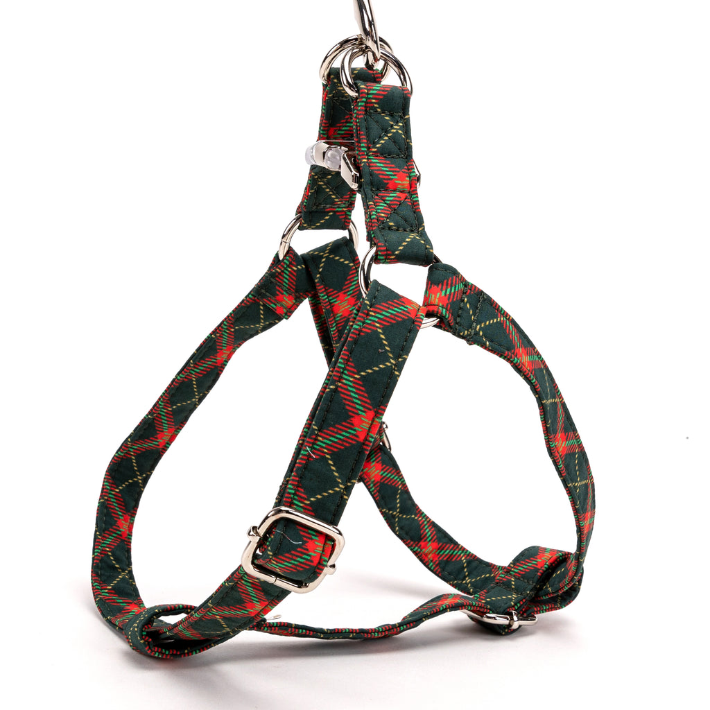 100% Cotton Adjustable Step In Dog Harness Silver Christmas Plaid side view