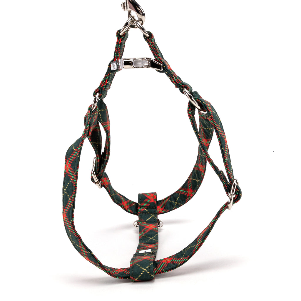 100% Cotton Adjustable Step In Dog Harness Silver Christmas Plaid top