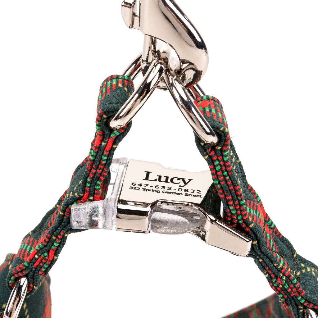 100% Cotton Adjustable Step In Dog Harness Silver Christmas Plaid detail