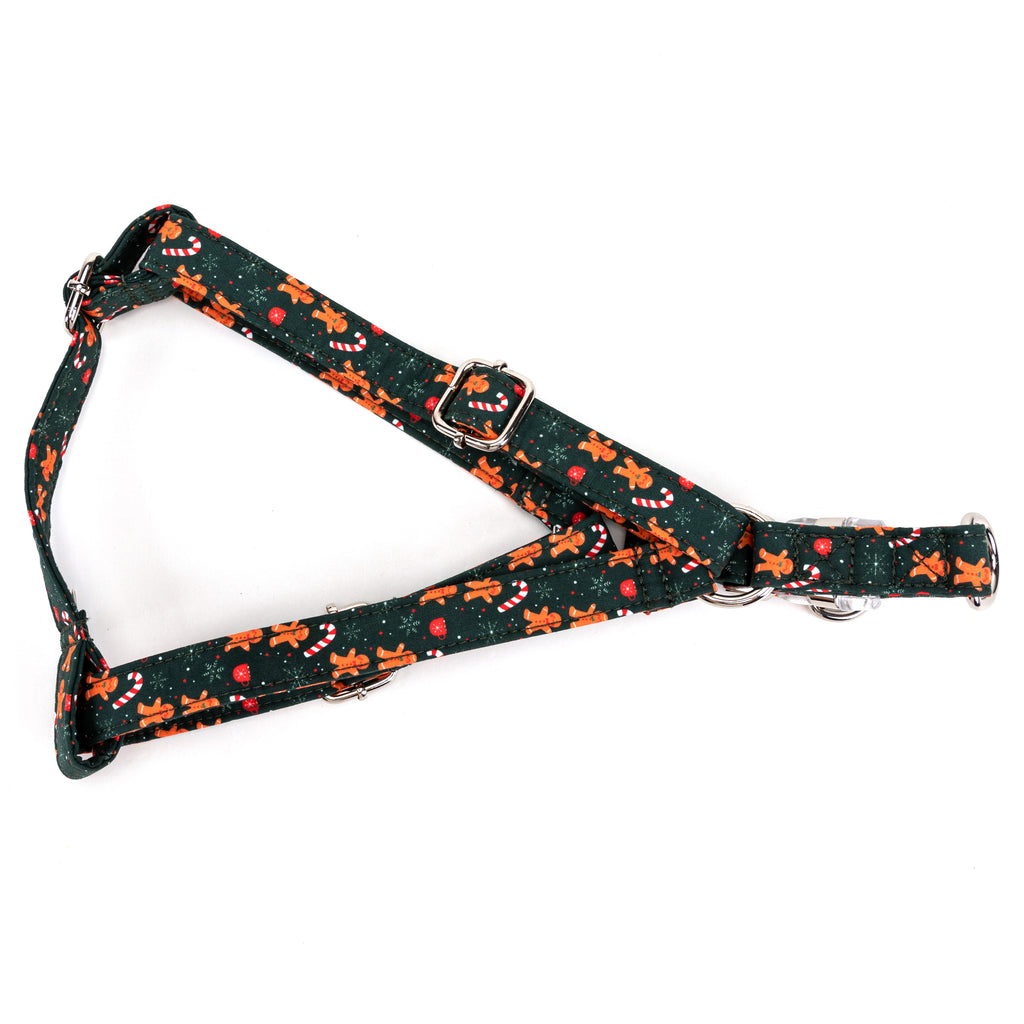 100% Cotton Adjustable Step In Dog Harness Silver Gingerbread Man folded