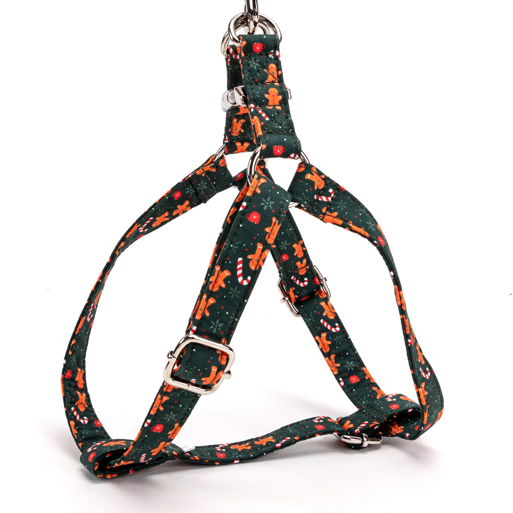 100% Cotton Adjustable Step In Dog Harness Silver Gingerbread Man side view
