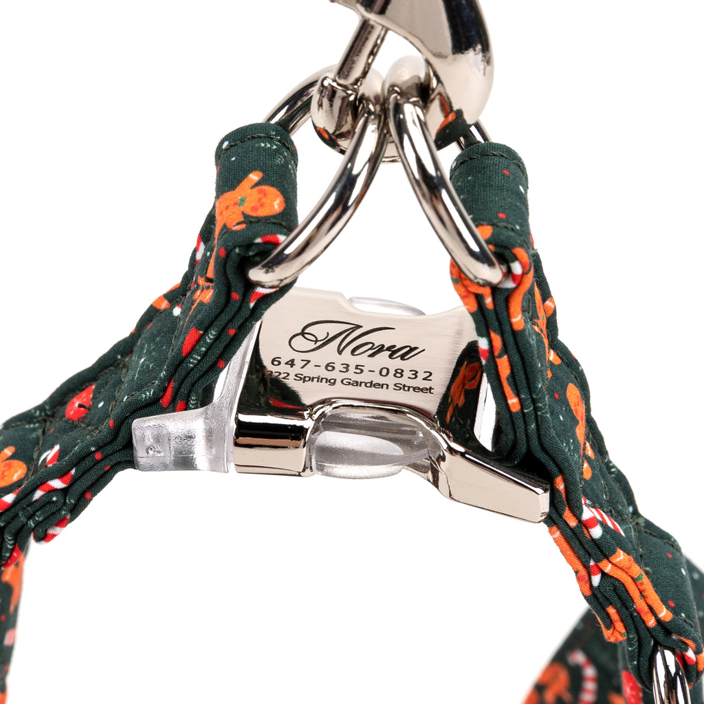 100% Cotton Adjustable Step In Dog Harness Silver Gingerbread Man detail