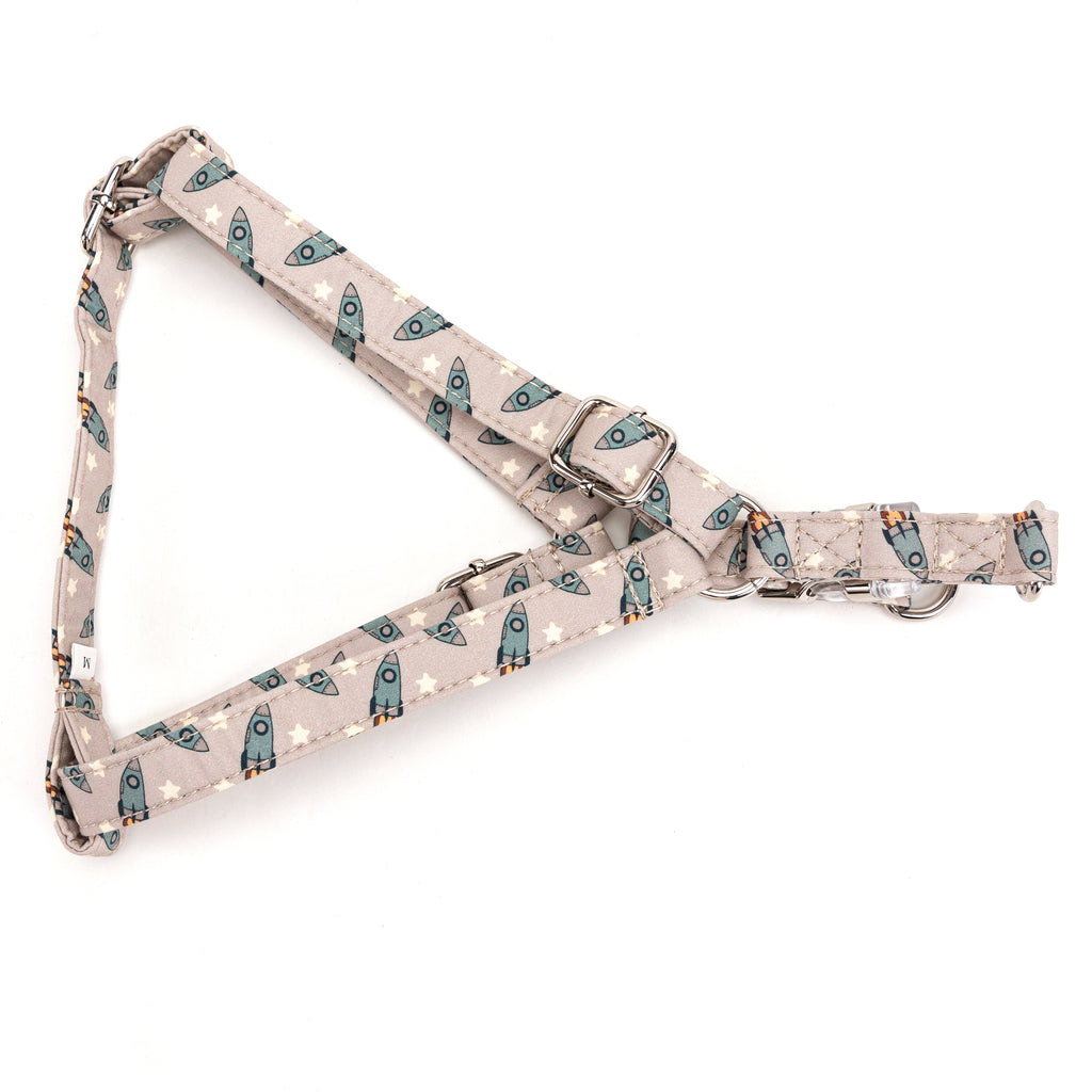 100% Cotton Adjustable Step In Dog Harness Silver Retro Rocket folded