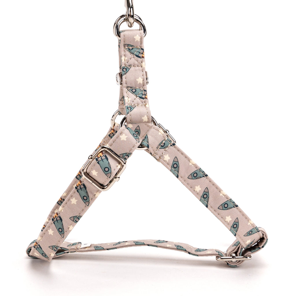 100% Cotton Adjustable Step In Dog Harness Silver Retro Rocket side