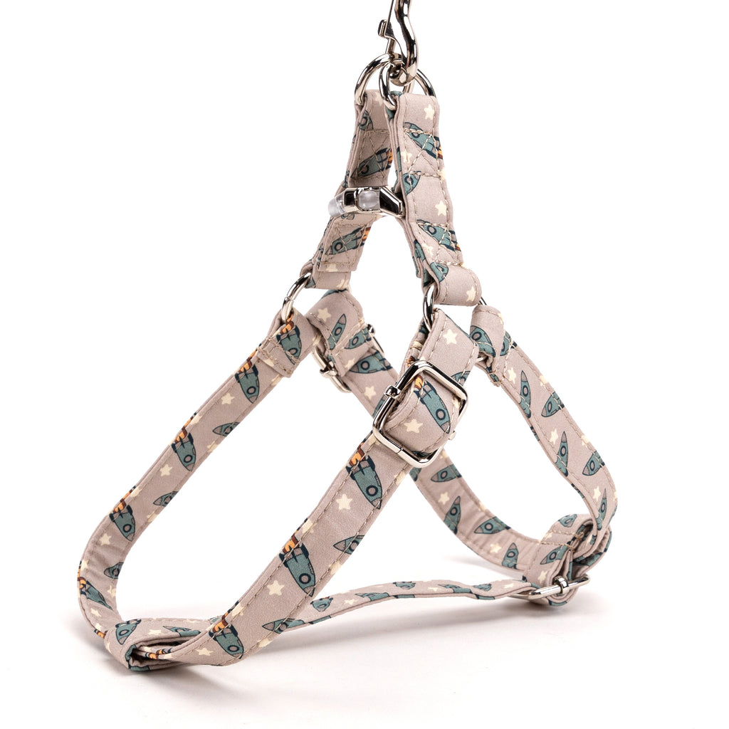 100% Cotton Adjustable Step In Dog Harness Silver Retro Rocket side view