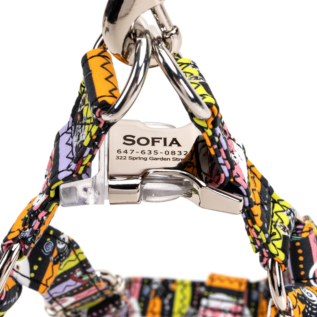 100% Cotton Adjustable Step In Dog Harness Silver The nightmare before Christmas detail
