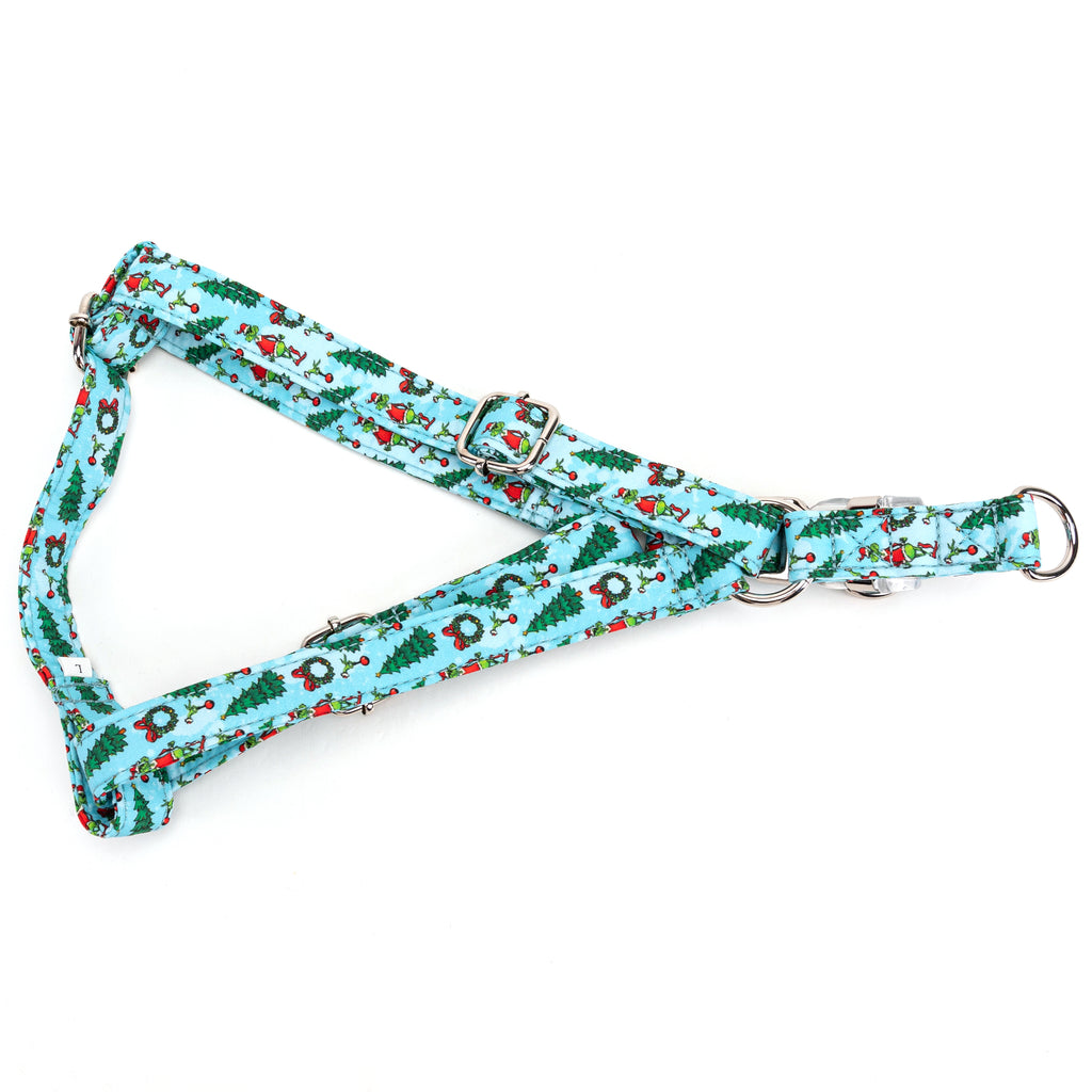 100% Cotton Adjustable Step-In Dog Harness Silver The Grinch folded