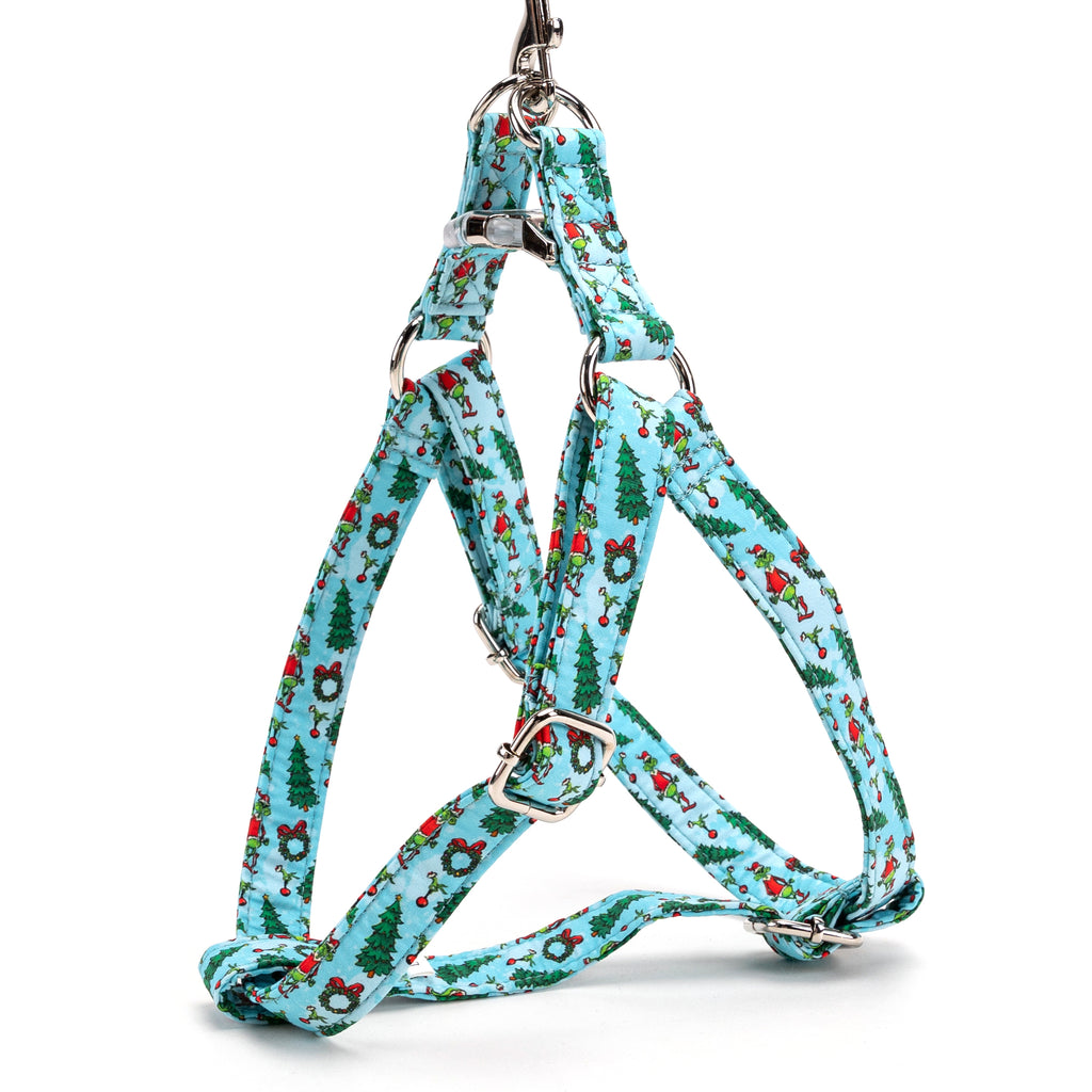 100% Cotton Adjustable Step-In Dog Harness Silver The Grinch side view