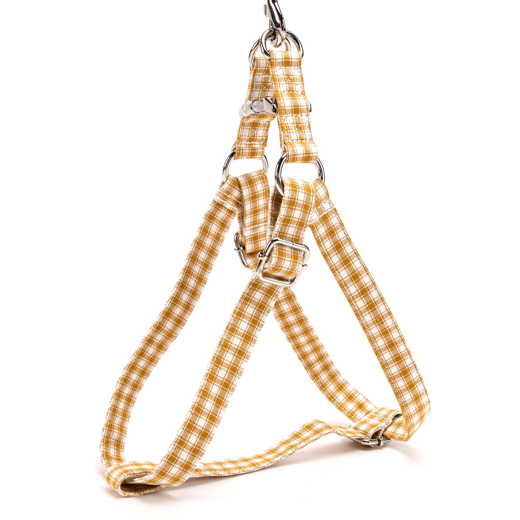 Gingham Yellow Step in Dog Harness Organic Cotton Silver side view