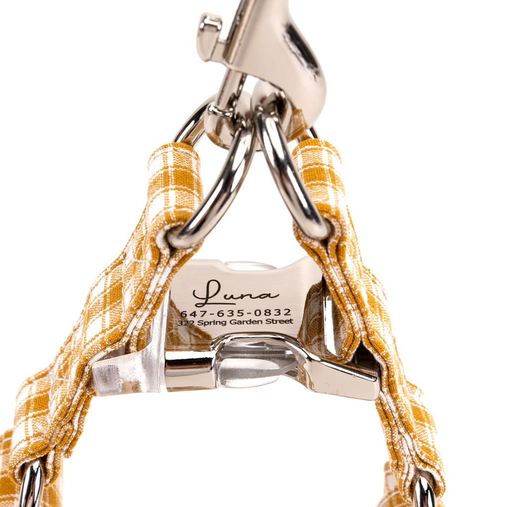 Gingham Yellow Step in Dog Harness Organic Cotton Silver detail