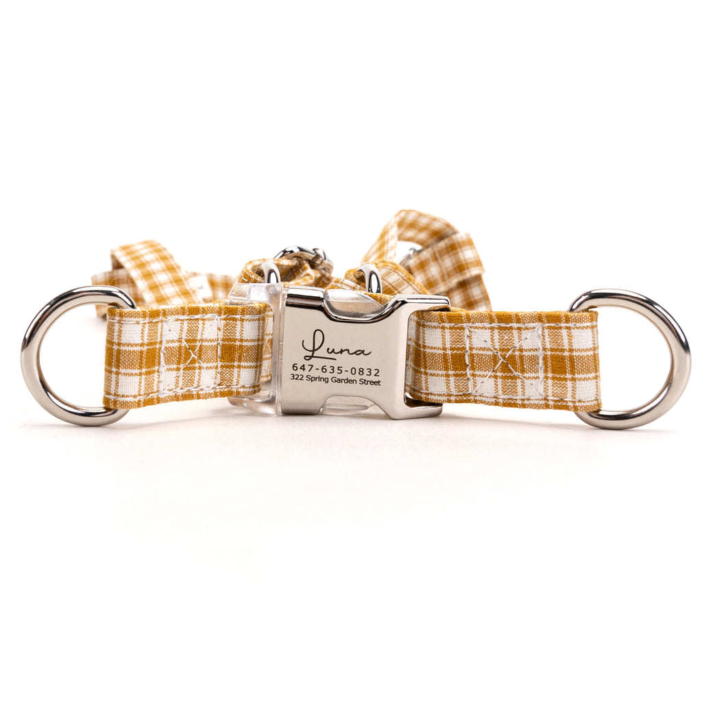 Gingham Yellow Step in Dog Harness Organic Cotton Silver main