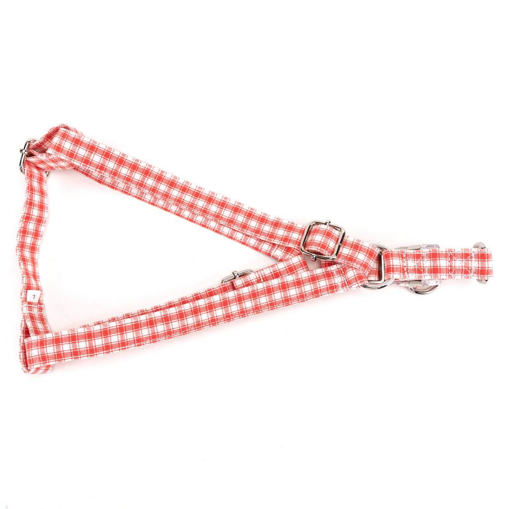 Gingham Orange Step in Dog Harness Organic Cotton Silver folded