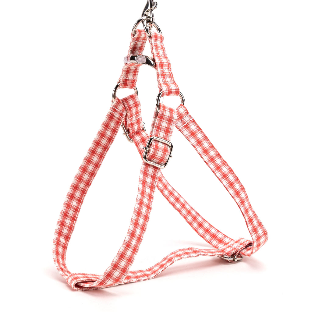 Gingham Orange Step in Dog Harness Organic Cotton Silver side view