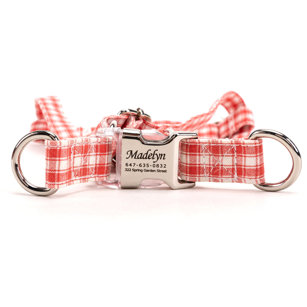 Gingham Orange Step in Dog Harness Organic Cotton Silver main