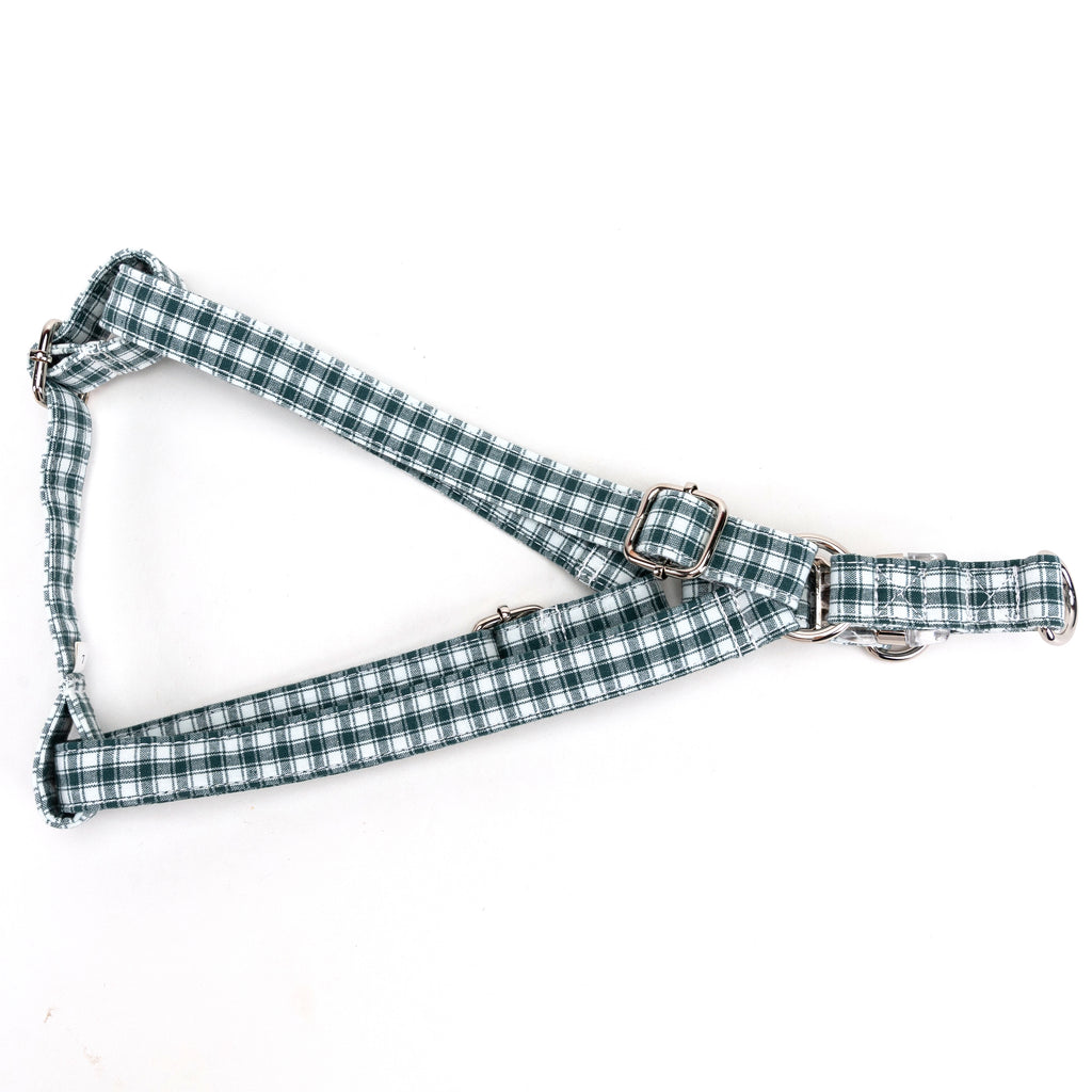 Gingham Green Step in Dog Harness Organic Cotton Silver folded