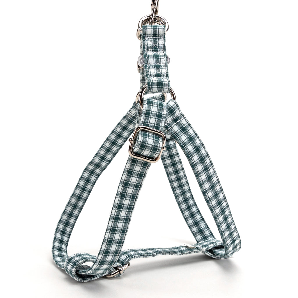 Gingham Green Step in Dog Harness Organic Cotton Silver side view