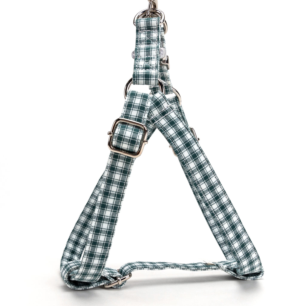 Gingham Green Step in Dog Harness Organic Cotton Silver side