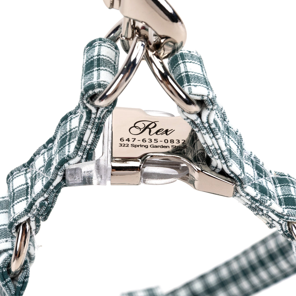 Gingham Green Step in Dog Harness Organic Cotton Silver detail