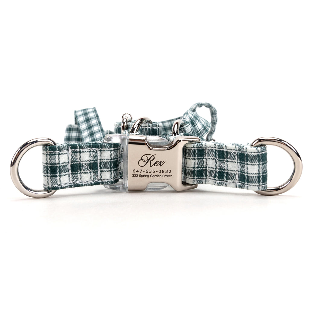 Gingham Green Step in Dog Harness Organic Cotton Silver main