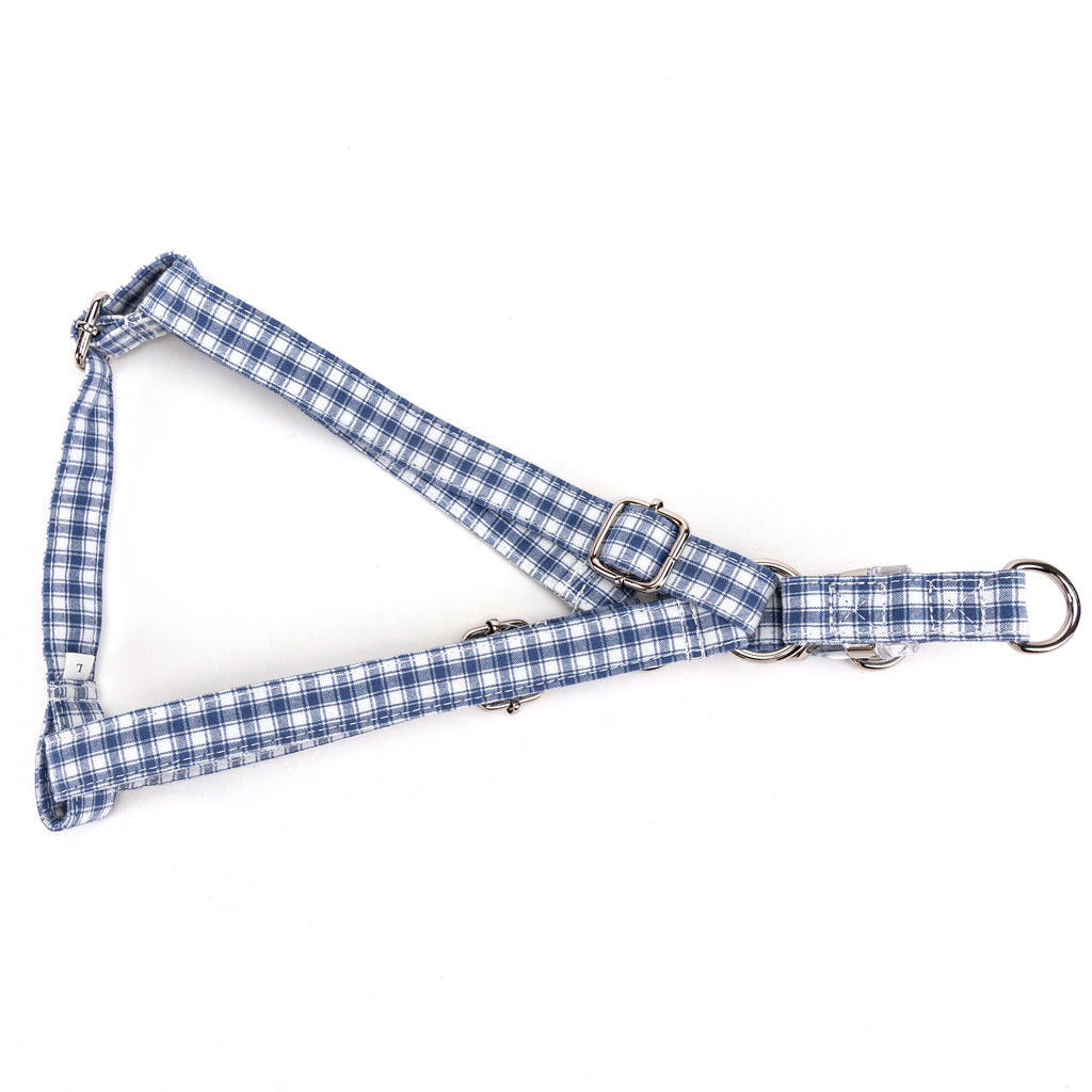 Gingham Blue Step in Dog Harness Organic Cotton Silver folded