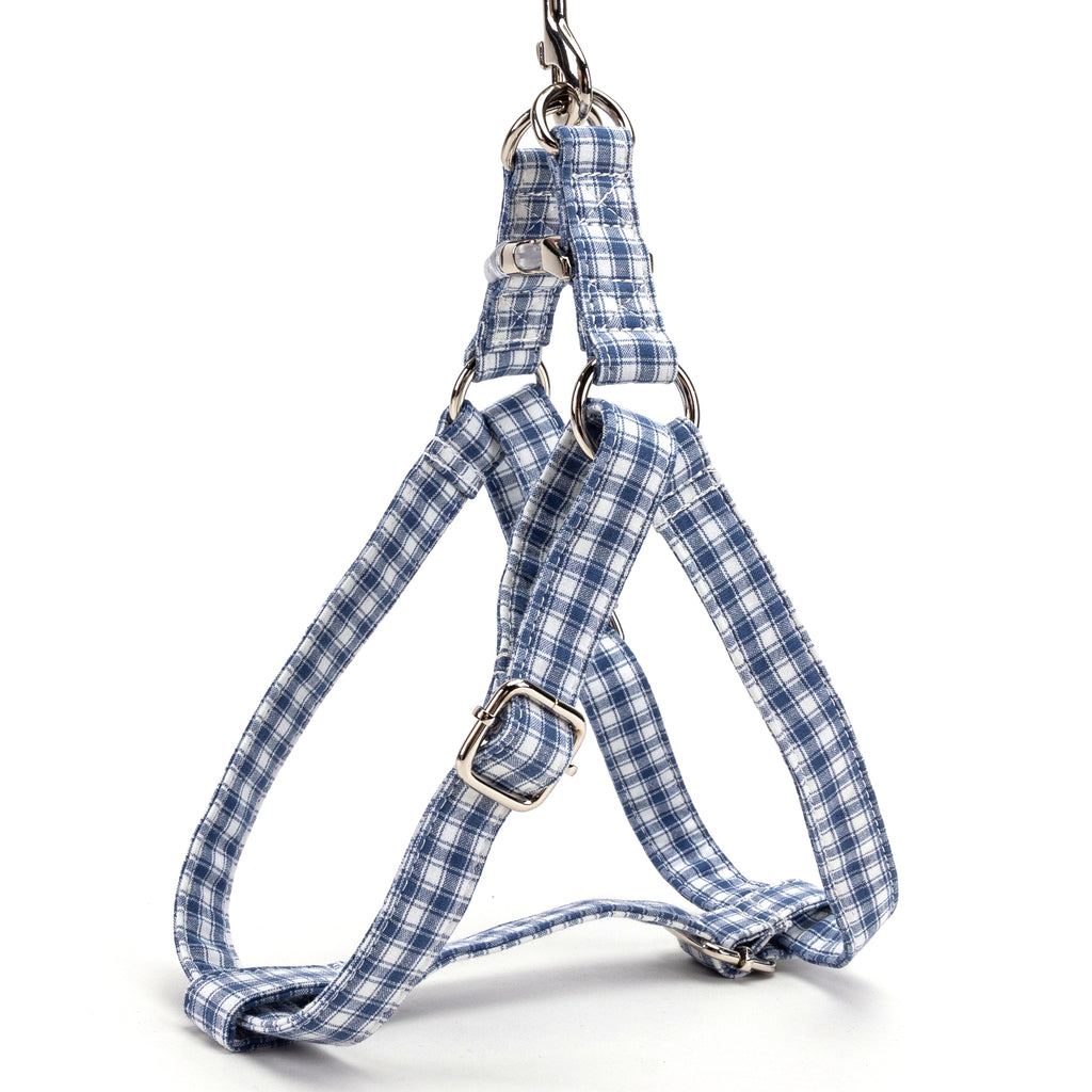 Gingham Blue Step in Dog Harness Organic Cotton Silver side view