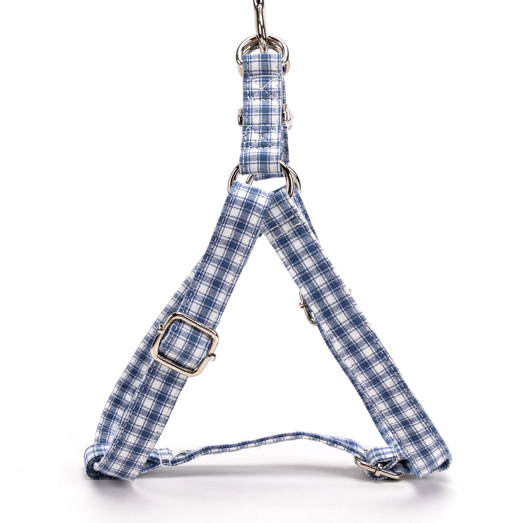 Gingham Blue Step in Dog Harness Organic Cotton Silver side