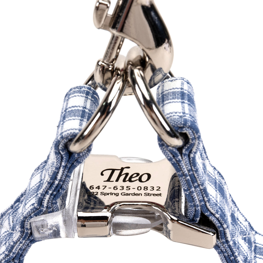 Gingham Blue Step in Dog Harness Organic Cotton Silver detail