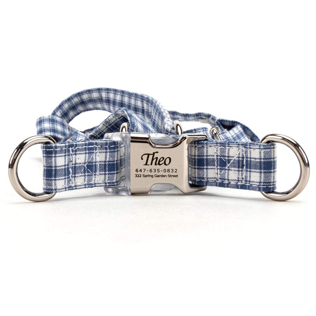 Gingham Blue Step in Dog Harness Organic Cotton Silver main