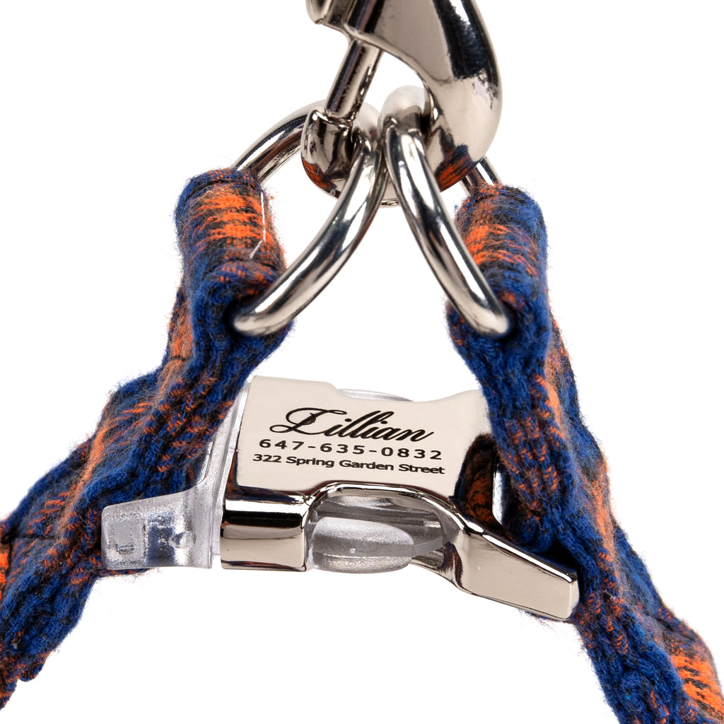 MacDonald Orange & Blue Step in Dog Harness Organic Cotton Silver detail