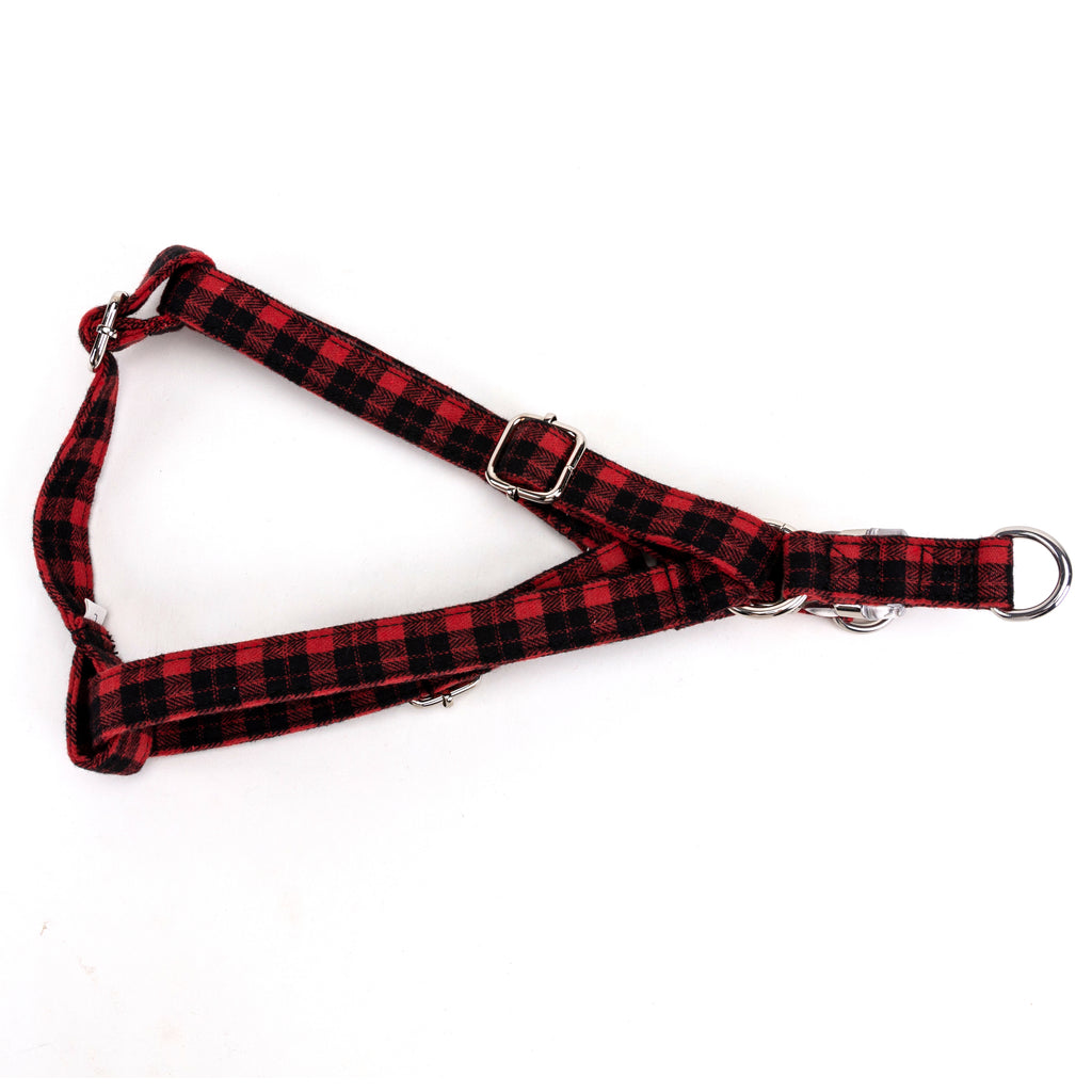 Black Watch Red Step in Dog Harness Organic Cotton Silver folded