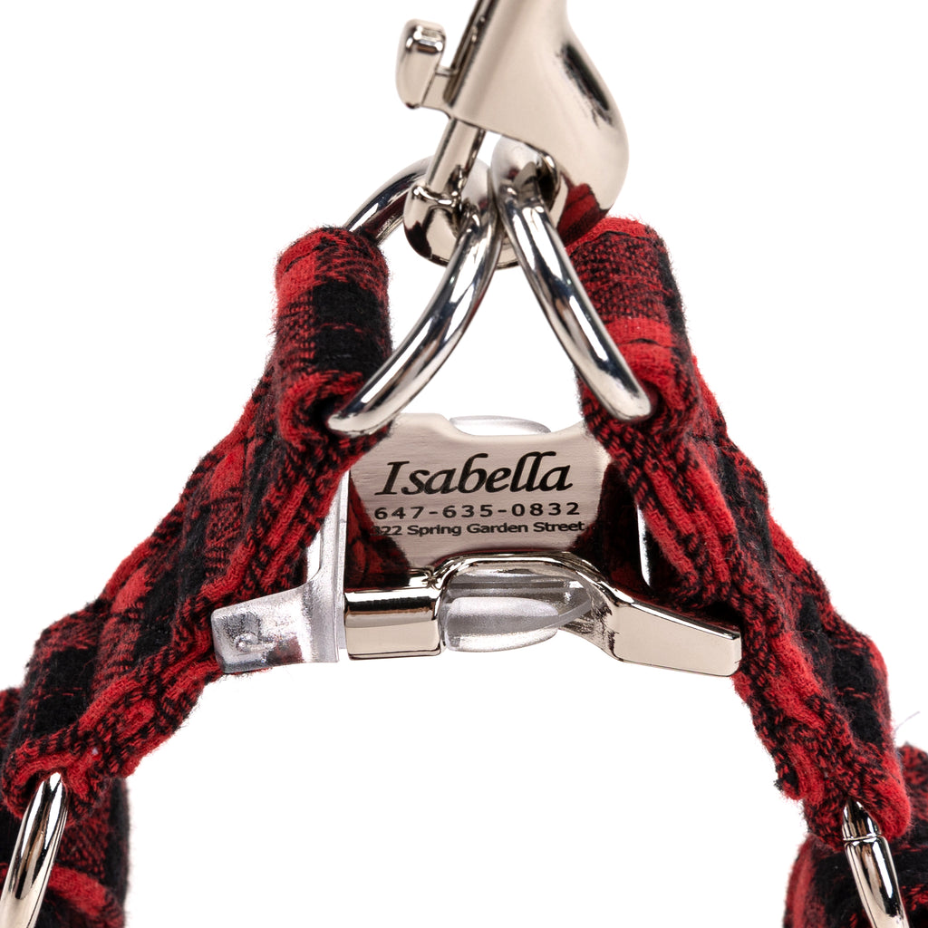 Black Watch Red Step in Dog Harness Organic Cotton Silver detail