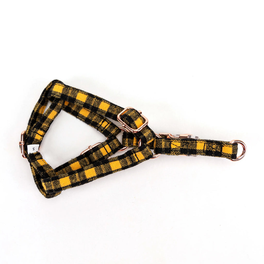 100% Cotton Adjustable Step-In Dog Harness Rose Gold Black Watch Yellow lying flat