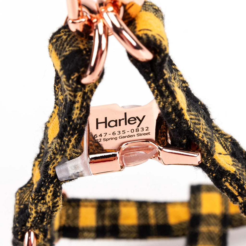 100% Cotton Adjustable Step-In Dog Harness Rose Gold Black Watch Yellow buckle