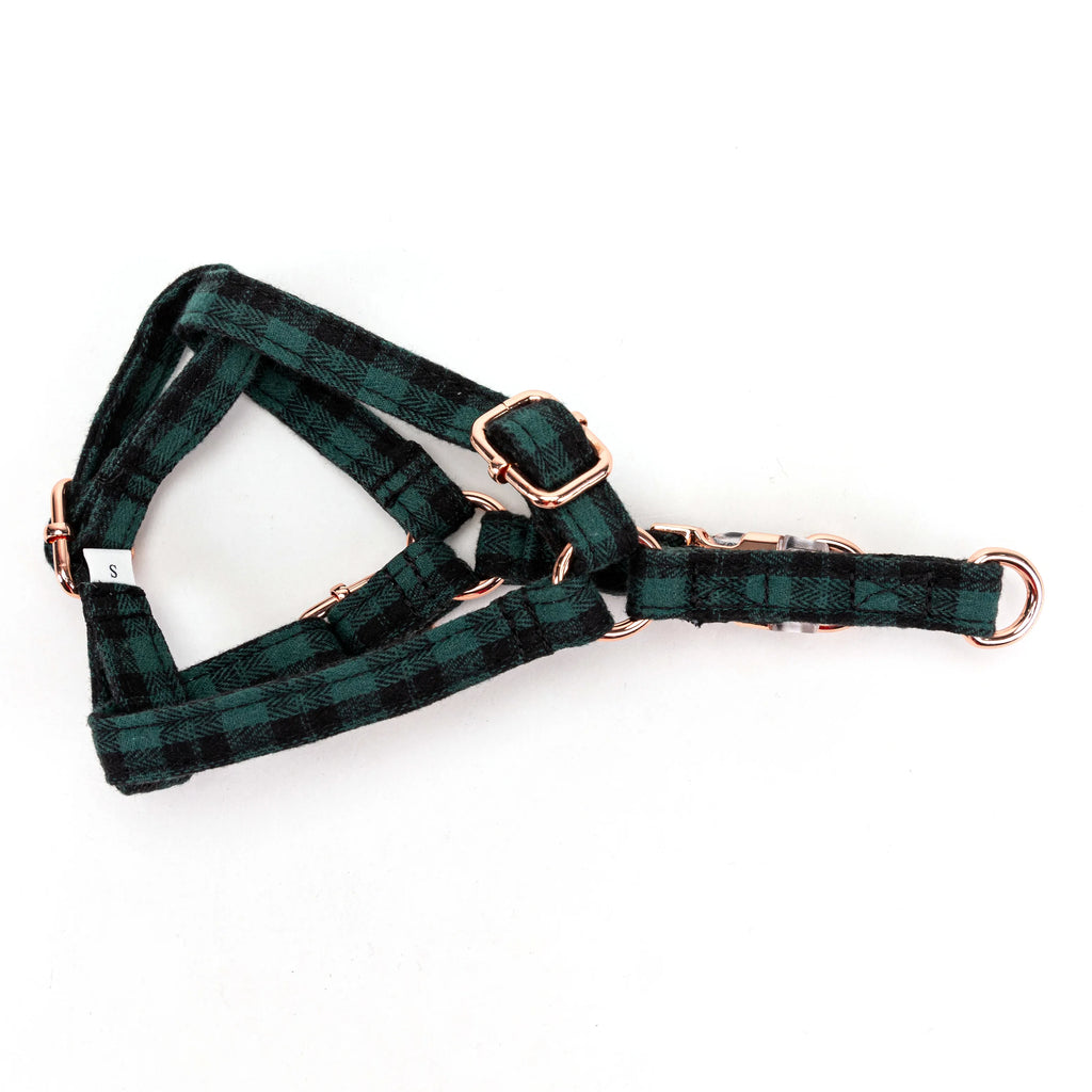 100% Cotton Adjustable Step-In Dog Harness Rose Gold Black Watch Army lying flat