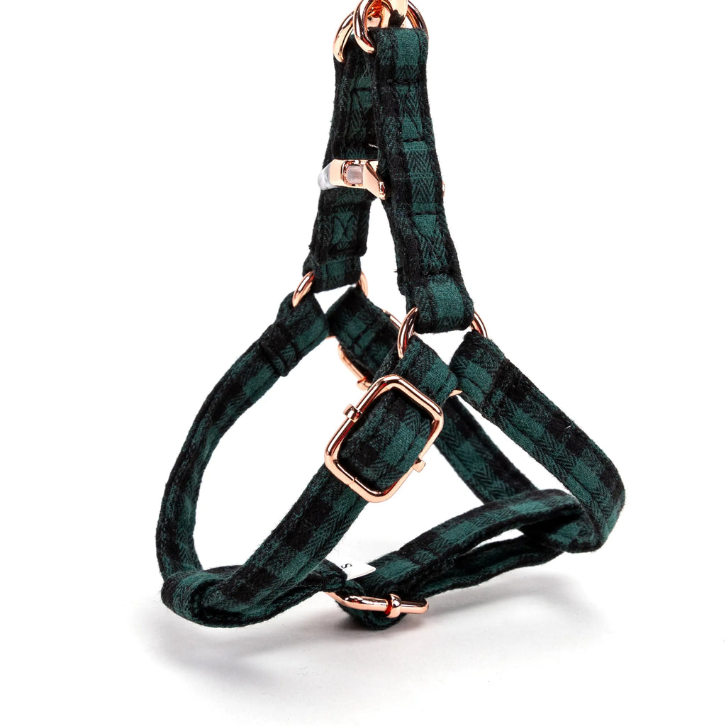 100% Cotton Adjustable Step-In Dog Harness Rose Gold Black Watch Army side view