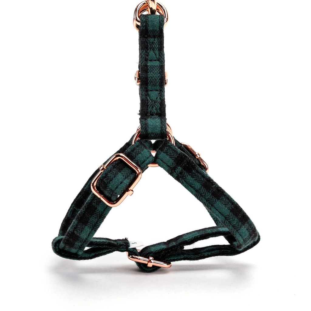 100% Cotton Adjustable Step-In Dog Harness Rose Gold Black Watch Army side