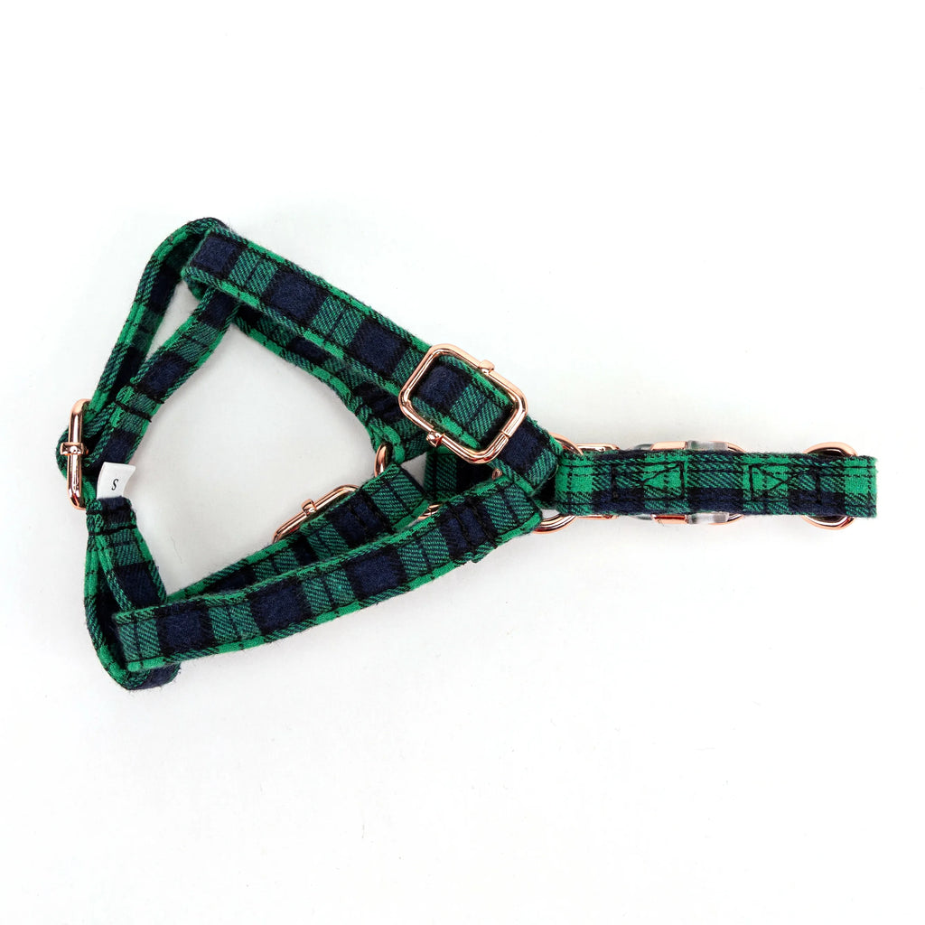 100% Cotton Adjustable Step-In Dog Harness Rose Gold Black Watch Lime lying flat