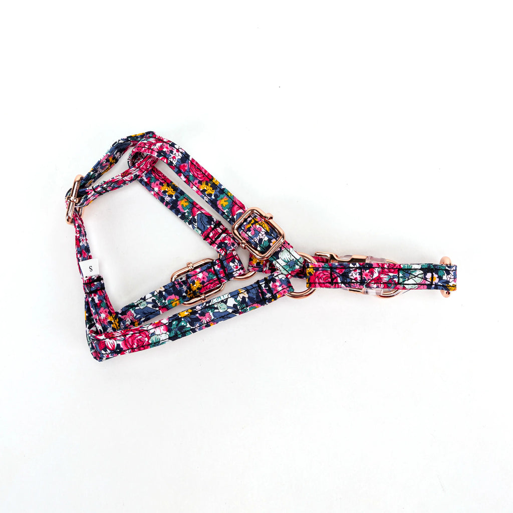 100% Cotton Adjustable Step-In Dog Harness Rose Gold Blossom Blue lying flat