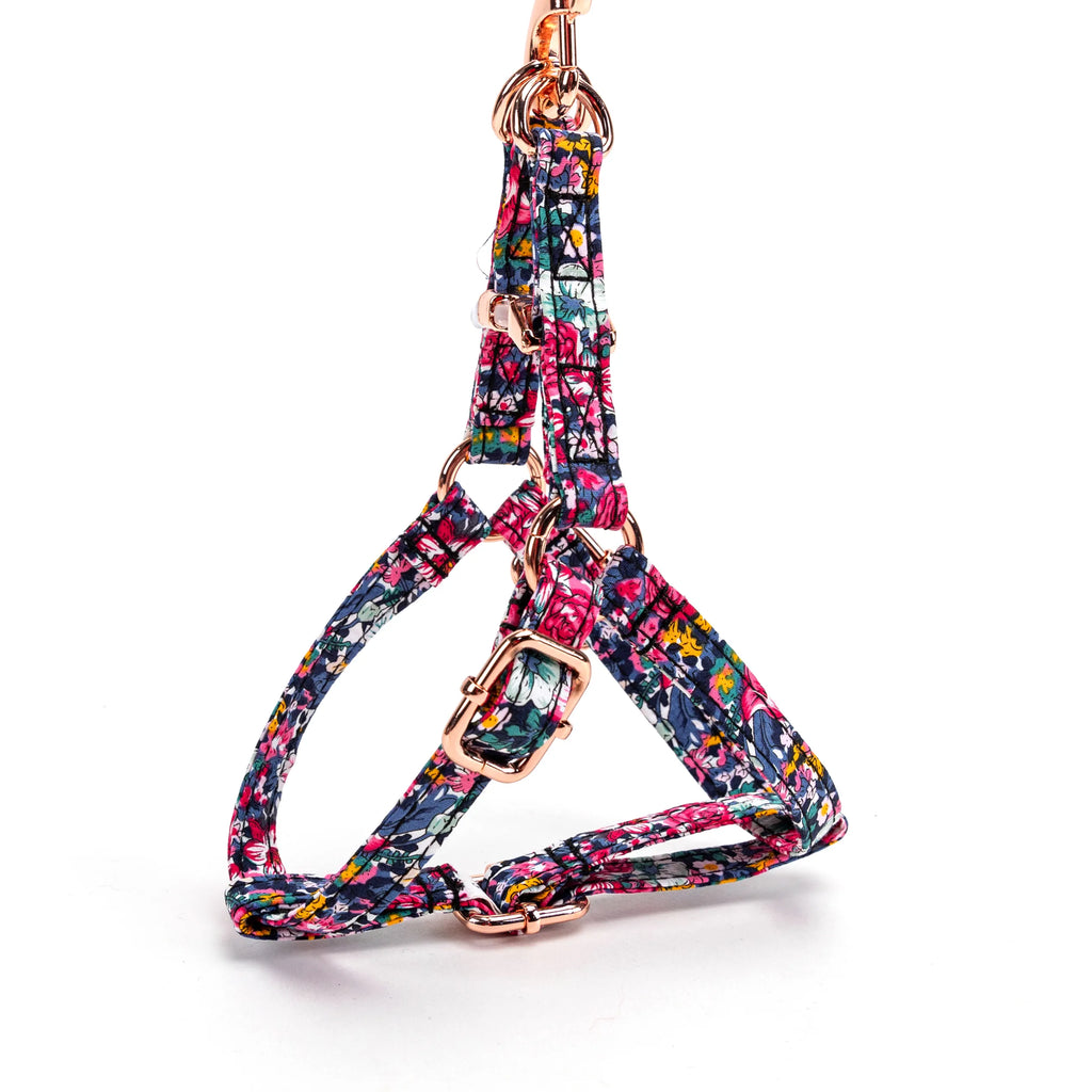 100% Cotton Adjustable Step-In Dog Harness Rose Gold Blossom Blue side view