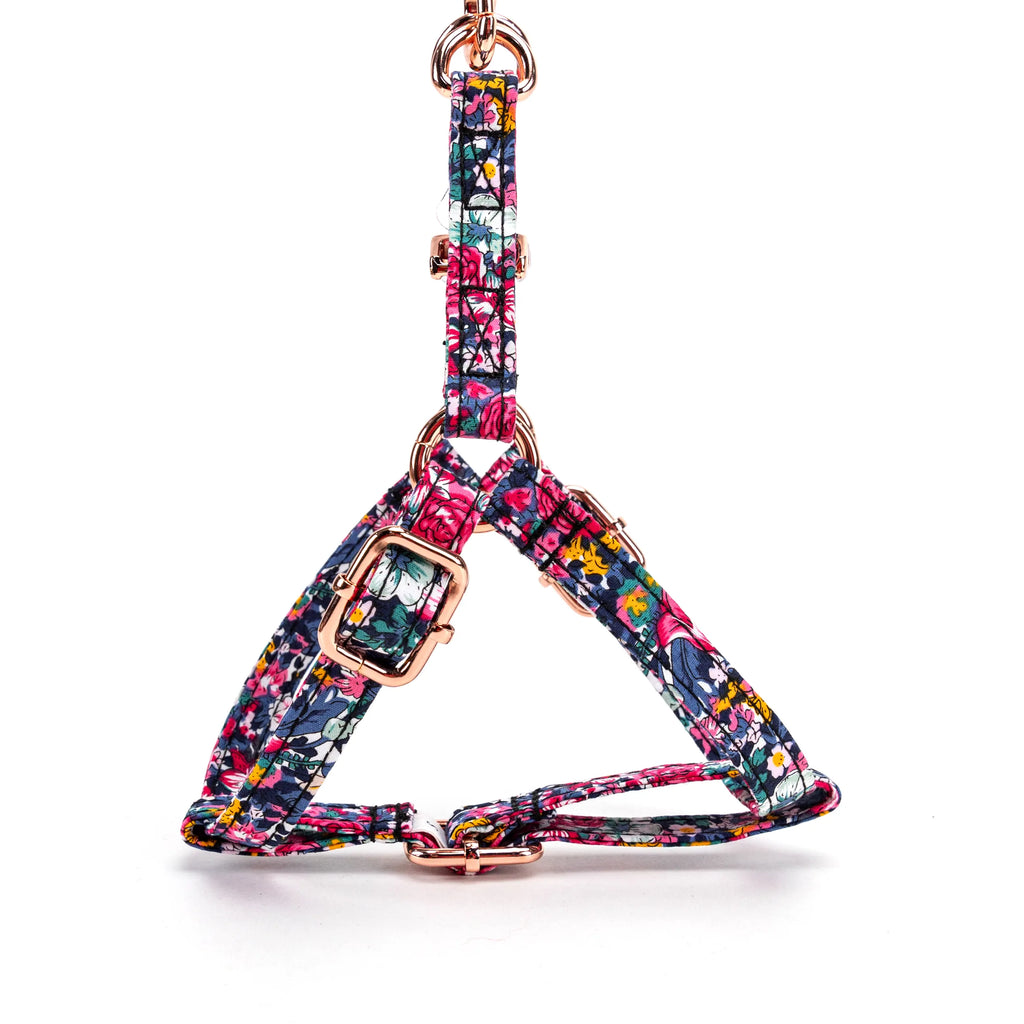 100% Cotton Adjustable Step-In Dog Harness Rose Gold Blossom Blue side