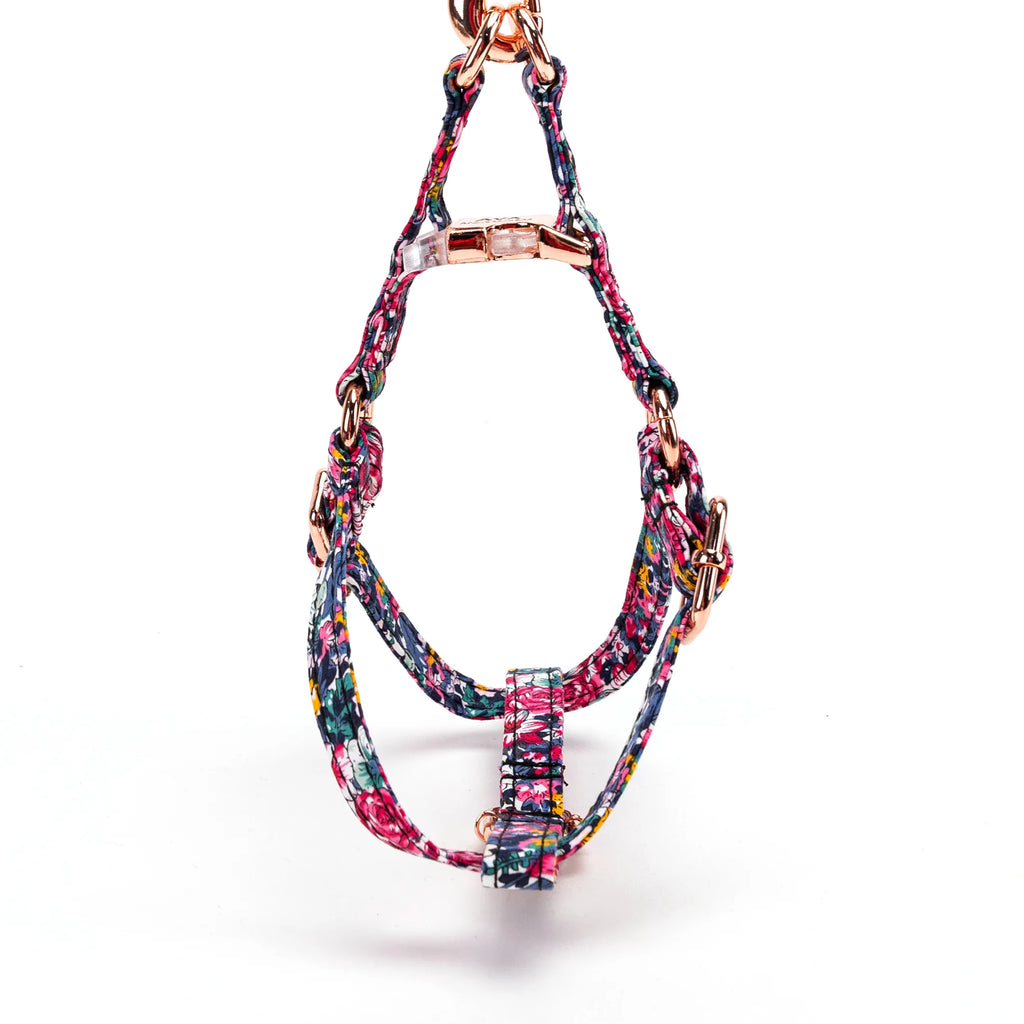 100% Cotton Adjustable Step-In Dog Harness Rose Gold Blossom Blue back